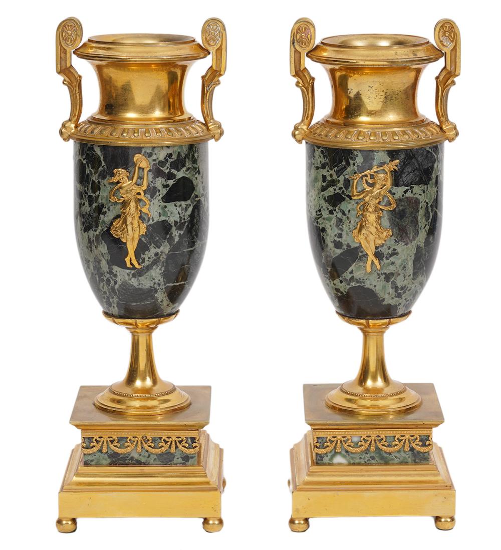 Appraisal: TH C FRENCH GILT BRONZE MOUNTED MARBLE URNS th C