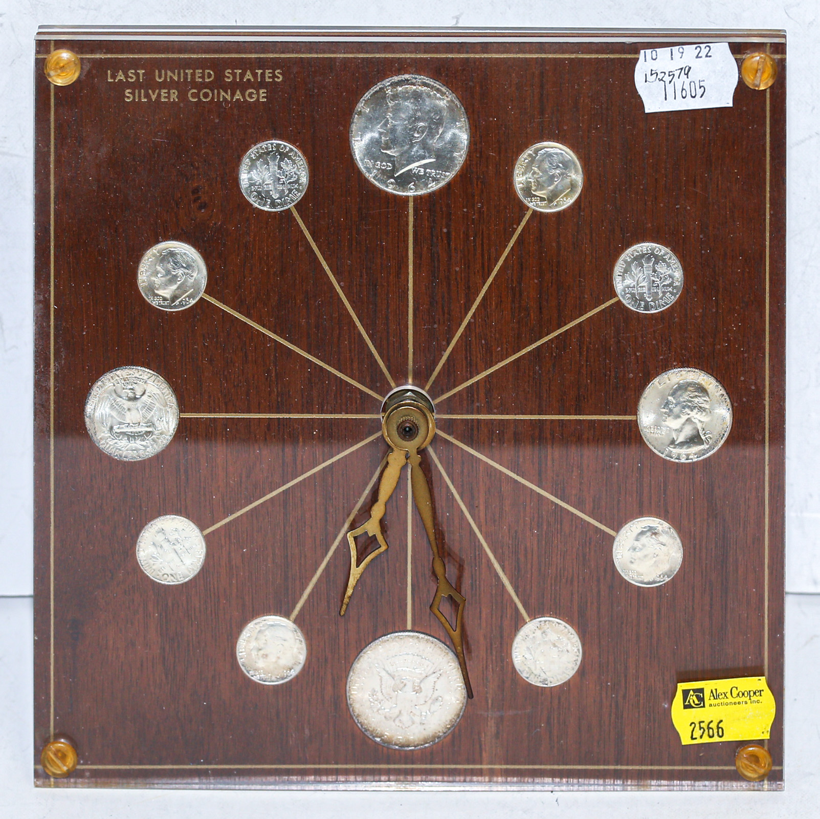 Appraisal: LAST U S SILVER COINAGE CLOCK Walnut and Plexiglass clock