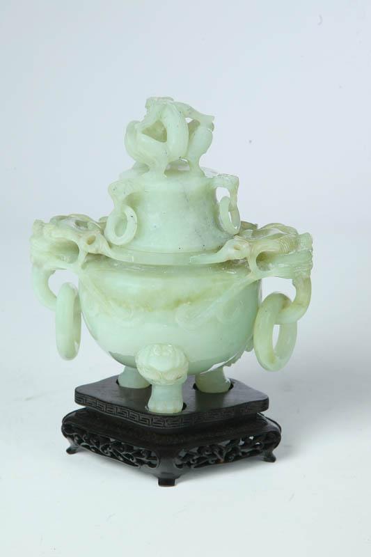 Appraisal: CARVED STONE CONTAINER Asian th century soapstone Pale green with