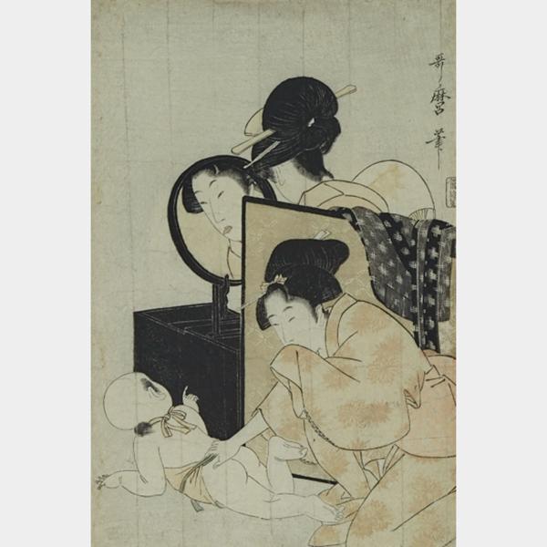 Appraisal: Utamaro - TWO UKIYO-E WOODBLOCK PRINTS Both oban tate-e TOGETHER