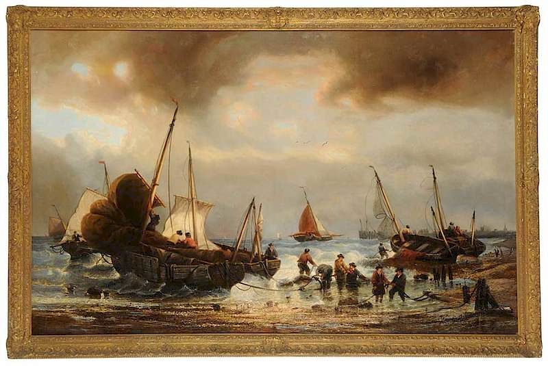 Appraisal: Fran ois- tienne Musin Belgian Fishermen Tying Off Boats on