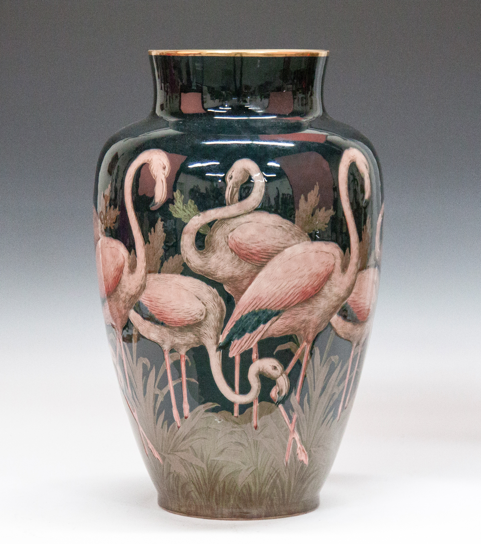 Appraisal: French Art Pottery Vase with Flamingoes th cent Initialed JP