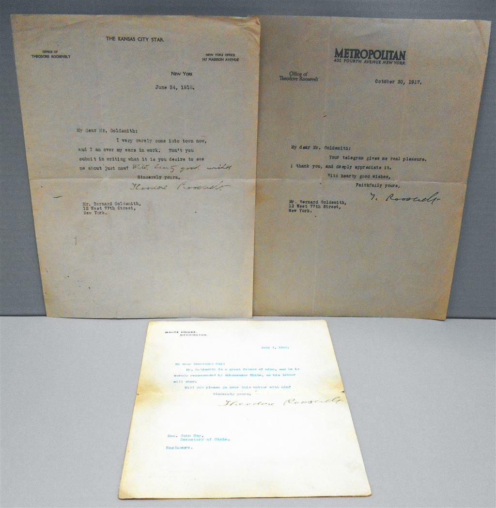 Appraisal: ROOSEVELT THEODORE Group of three Typed Letters Signed one as