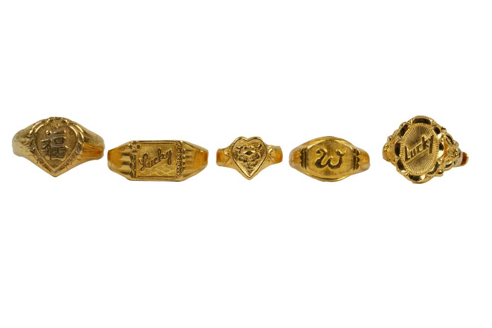 Appraisal: GROUP OF FIVE HIGH KARAT YELLOW CHINESE GOLD RINGS grams