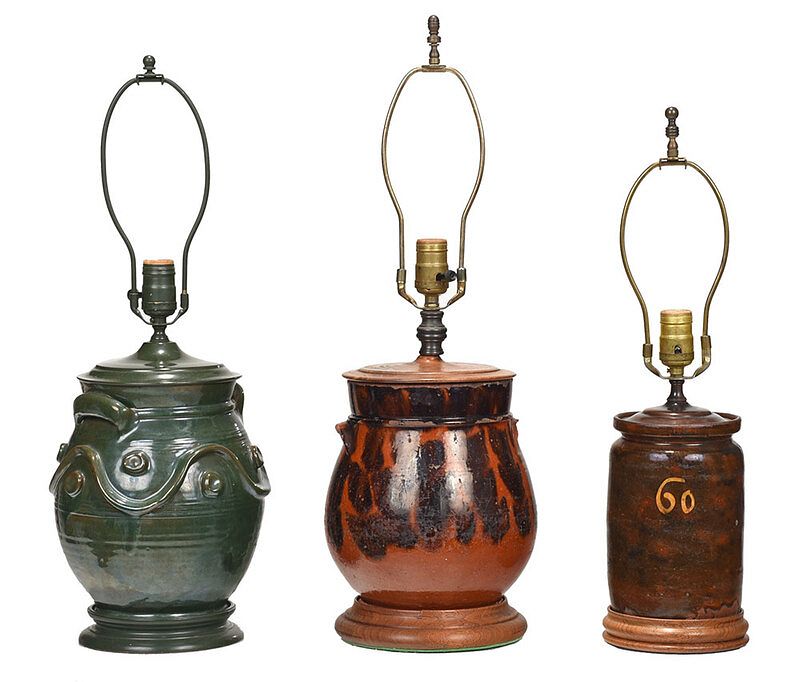 Appraisal: Three Earthenware Jars Mounted as Lamps probably American th th