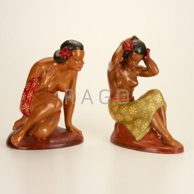 Appraisal: PAIR OF FIGURINES Two painted ceramic figurines of Polynesian women