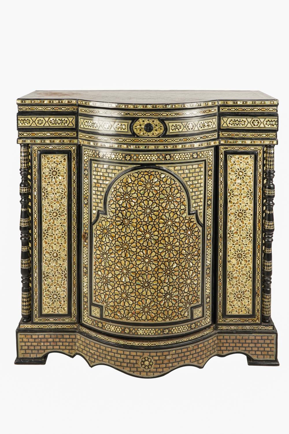 Appraisal: MOORISH STYLE INLAID SIDE CABINETmodern with out-curved central section fitted