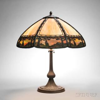 Appraisal: Handel Metal Overlay Table Lamp Slag glass patinated metal Meriden