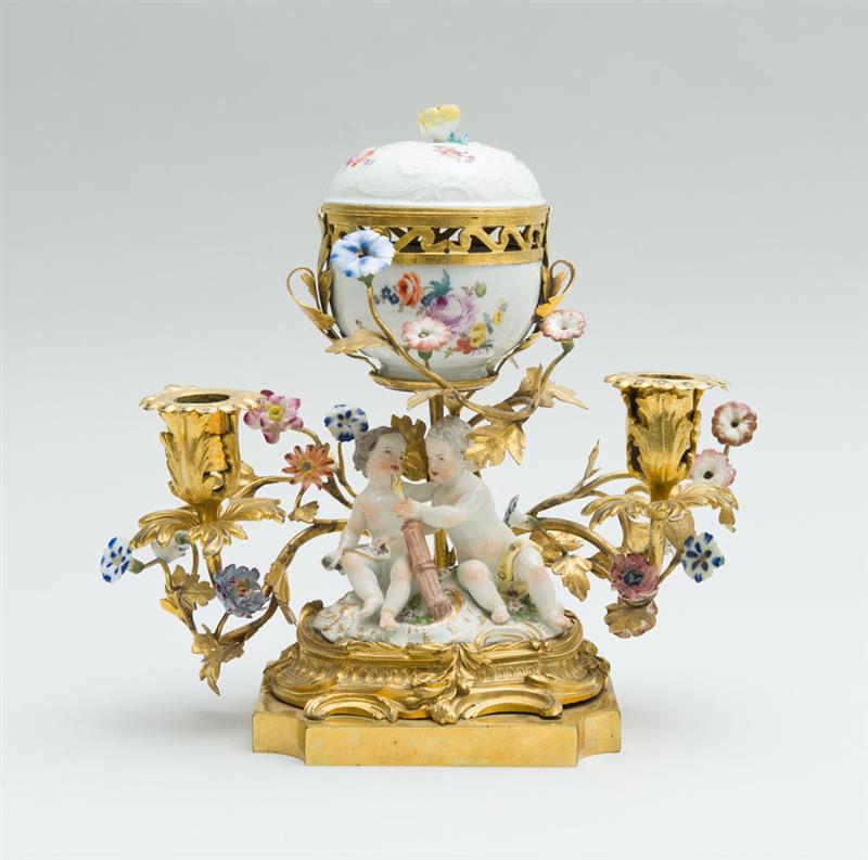 Appraisal: LOUIS XV STYLE PORCELAIN-MOUNTED GILT-BRONZE TWO-LIGHT POTPOURRI STAND x in