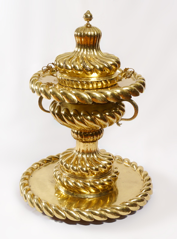 Appraisal: LARGE POLISHED BRASS TURKISH BRAZIER Pierced lid rope twist design