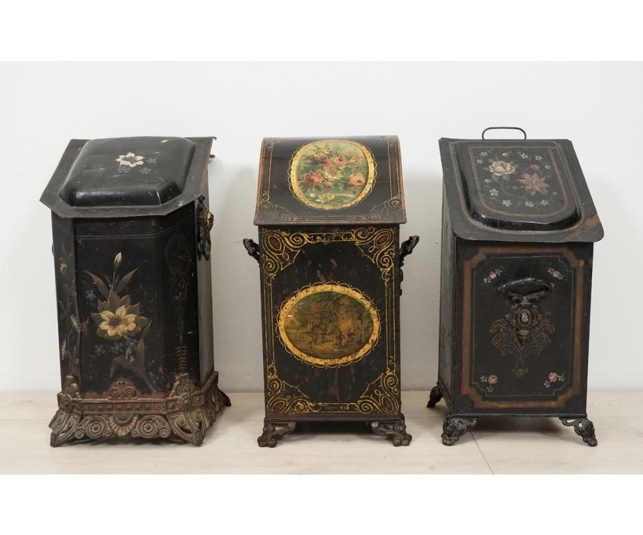 Appraisal: Three Victorian black metal coal scuttles each with painted floral