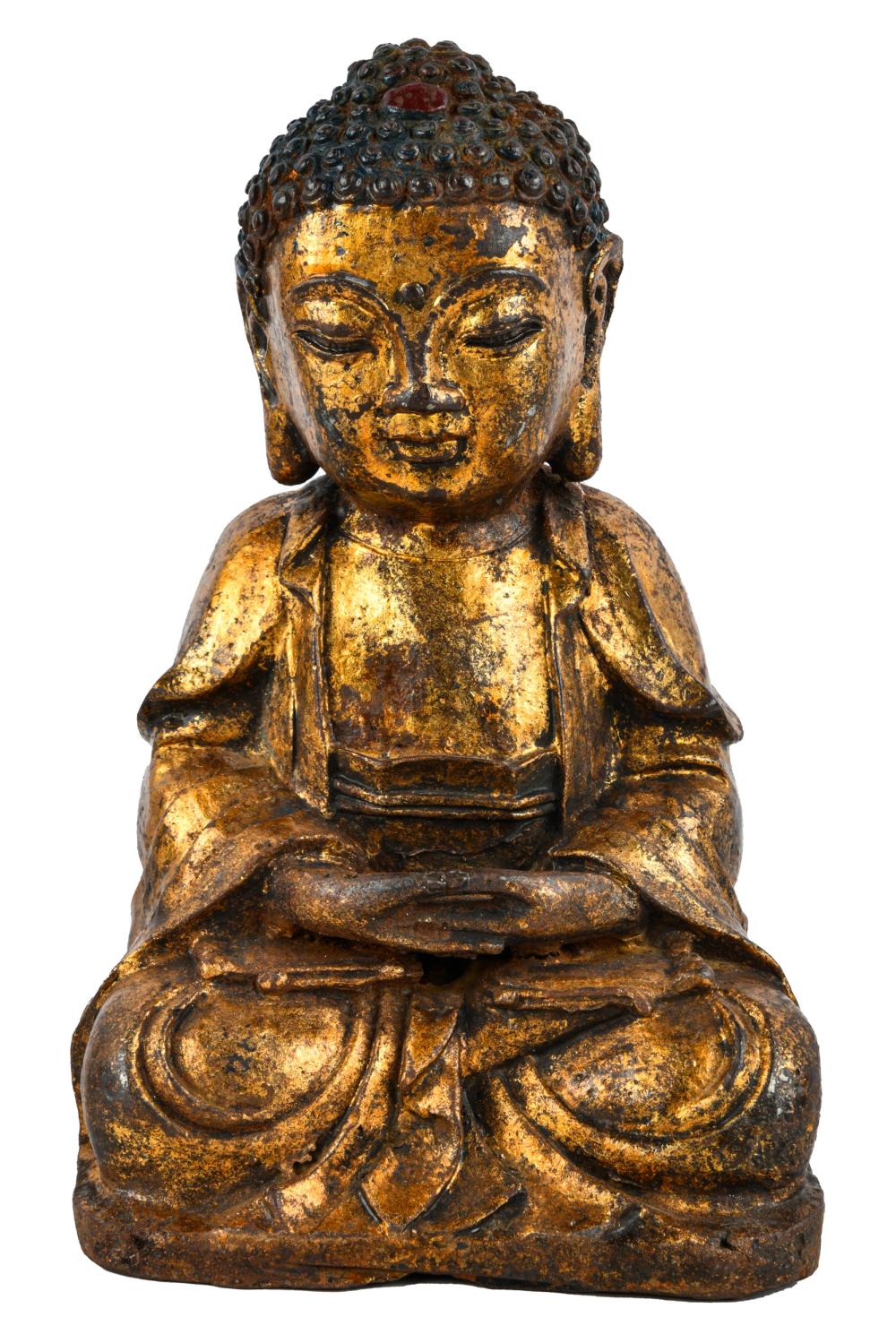 Appraisal: CHINESE GILT IRON BUDDHAwith lacquered gilding inches high Condition