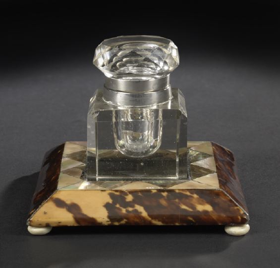 Appraisal: Edwardian Tortoiseshell and Mother-of-Pearl-Inlaid Inkstand ca fitted with a cut