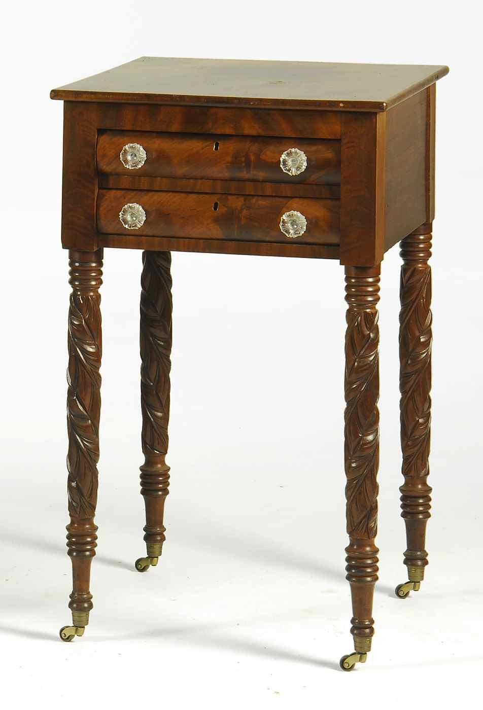 Appraisal: ANTIQUE AMERICAN SHERATON TWO-DRAWER STANDCirca In mahogany with acanthus-carved legs