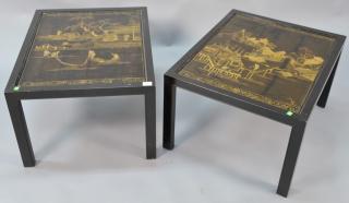 Appraisal: Pair of Chinese black lacquered panes made into tables depicting