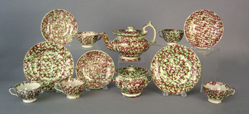 Appraisal: Green and red miniature sponge tea service to include a