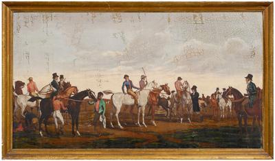 Appraisal: th century British racing print jockeys mounting horses painted print