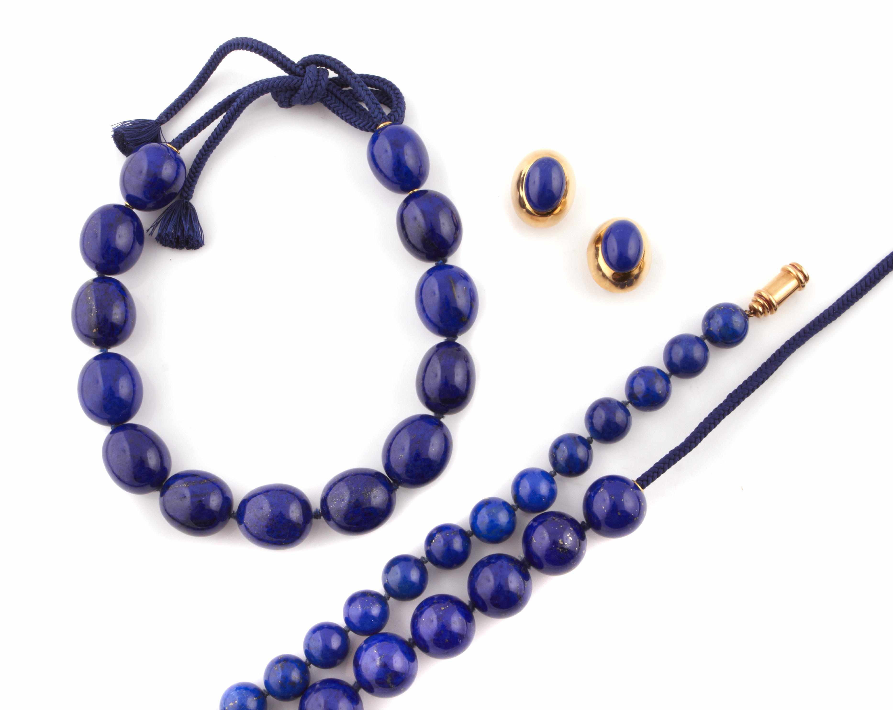 Appraisal: A collection of lapis lazuli bead and gold jewelry lapis