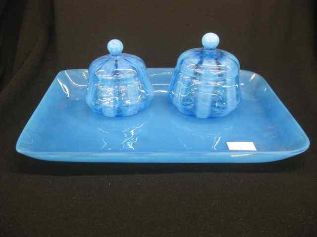 Appraisal: French Blue Pastel Art Glass Dresser Set two powder boxes