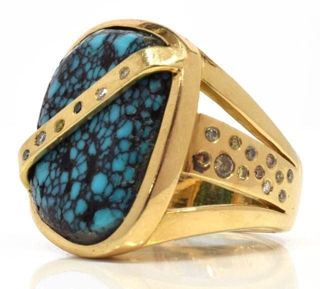 Appraisal: Gents Native American kt yellow gold ring spider web turquoise