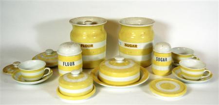 Appraisal: SMALL COLLECTION OF YELLOW STRIPE CORNISH WARE comprising a flour