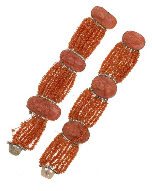 Appraisal: A PAIR OF ANTIQUE ENGLISH CORAL BRACELETS with cameos including