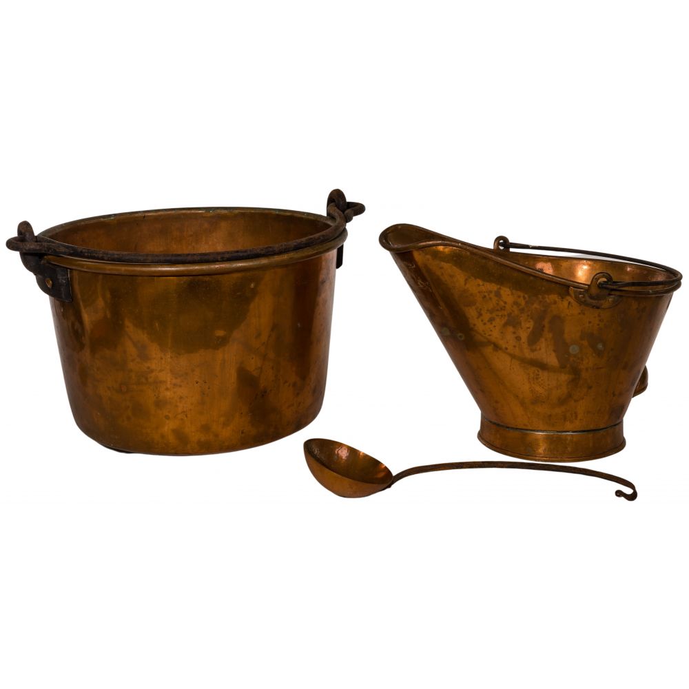 Appraisal: COPPER KETTLE SCUTTLE AND LADLE items including a kettle a