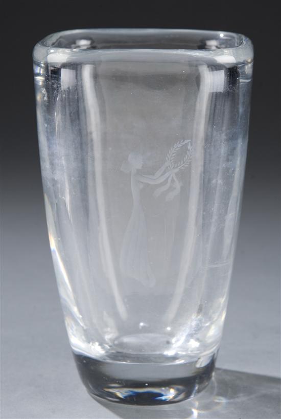 Appraisal: Sven Palmquist Orrefors Etched Glass Vase Square cylinder vase with