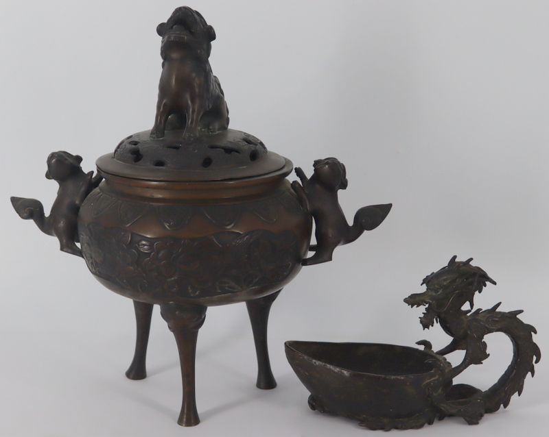 Appraisal: ASIAN BRONZE OBJECTS Includes a signed Chinese bronze tripod censer