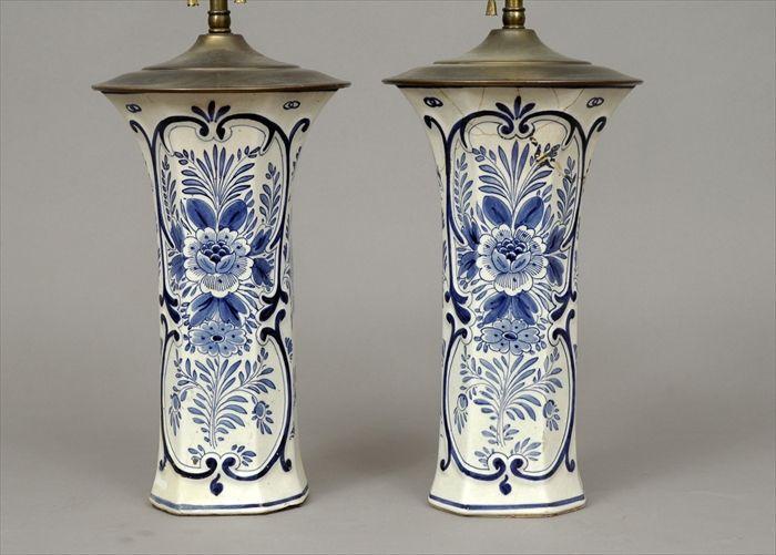 Appraisal: Pair of Dutch Delft Blue and White Beaker-Form Vases Mounted