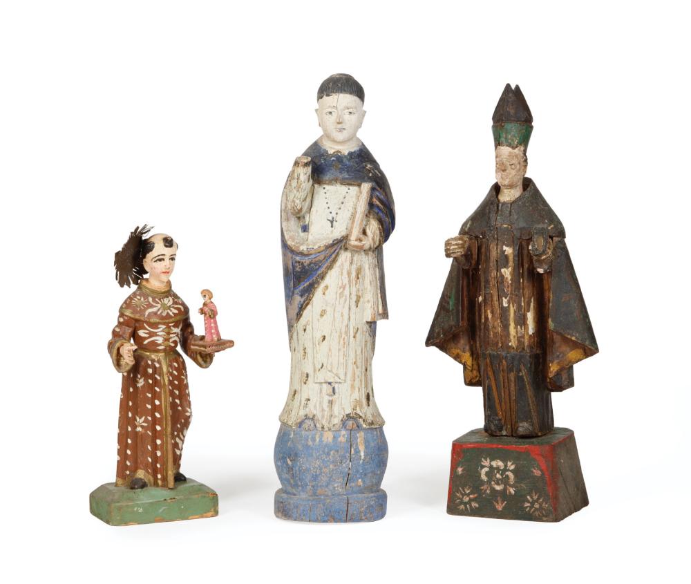 Appraisal: Three Antique Polychromed Figures of Saints incl St Vincent with