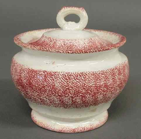 Appraisal: Red spatterware covered sugar pot th c h