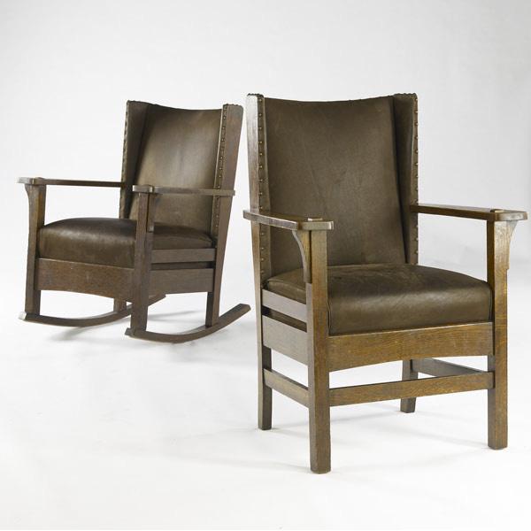 Appraisal: J M YOUNG Matching rocker and armchair with upholstered seats