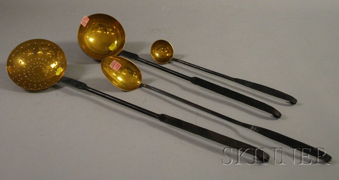 Appraisal: Four Wrought Iron and Brass Ladles and Spoons with brass