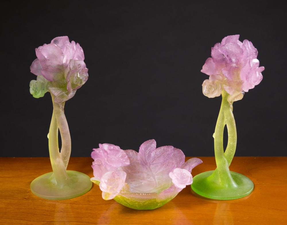 Appraisal: THREE-PIECE DAUM PATE DE VERRE GLASS CANDLESTICKS AND BOWL SET