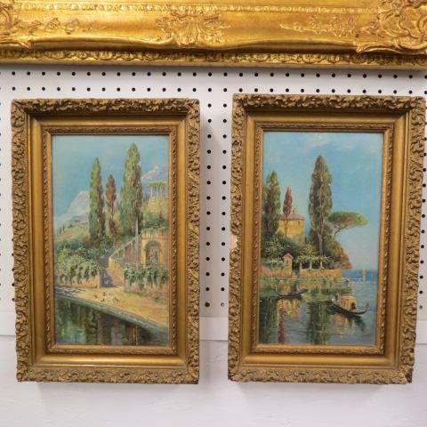 Appraisal: Pair of Italian Oil Paintings Gondala waterfall villa scenes fine