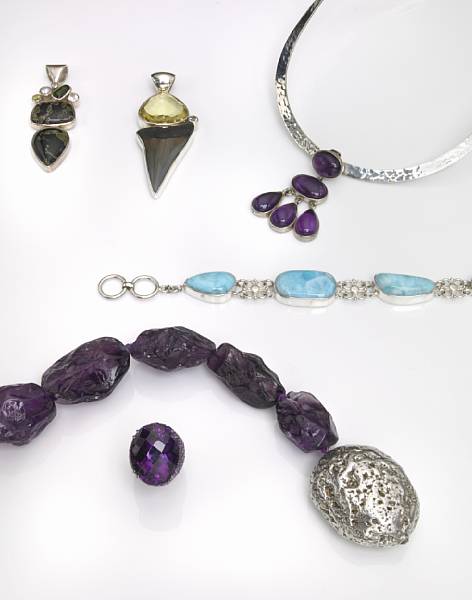 Appraisal: Group of Three Gemstone and Fossil Pendants and a Silver