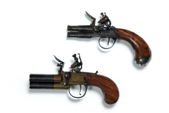 Appraisal: TWO FLINTLOCK PISTOLS Late th-early th century English three-barrel with