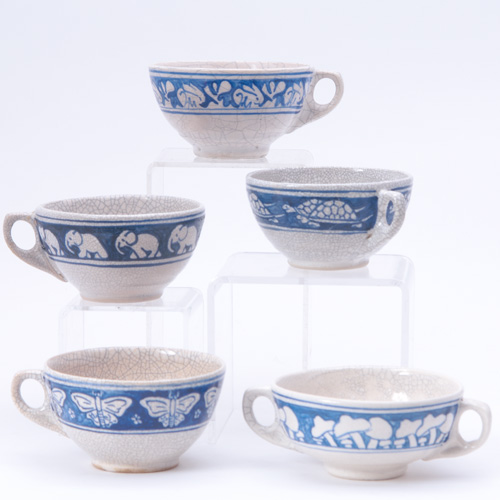 Appraisal: DEDHAM Five Crackleware cups in the Elephant Rabbit Butterfly Turtle