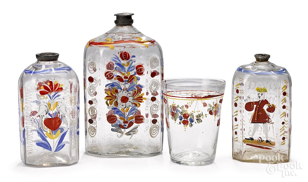 Appraisal: Three Stiegel type glass bottles etc Three Stiegel type enamel