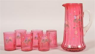 Appraisal: Cranberry Art Glass Piece Water Set Attributed to Hobbs with