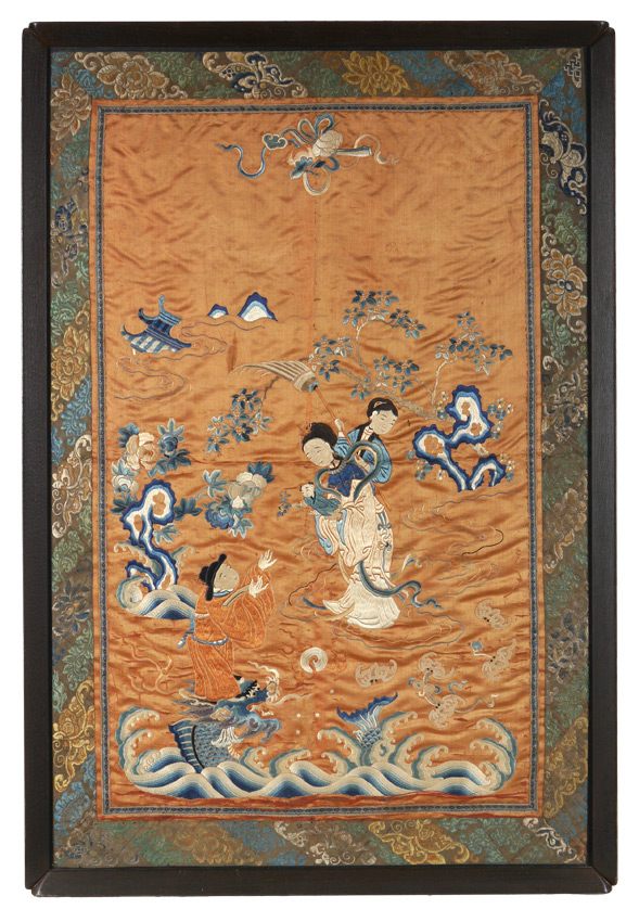 Appraisal: LARGE ORIENTAL SILK EMBROIDERED TAPESTRY Circa Scene Depicts Several Figures