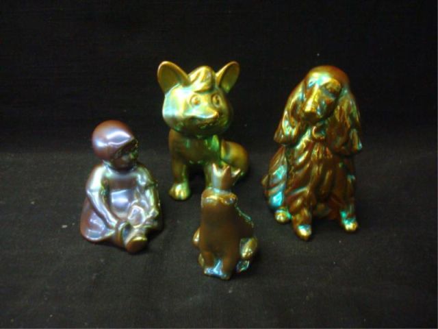 Appraisal: assorted ZSOLNAY lusterware figures incl frog dog fox girl From