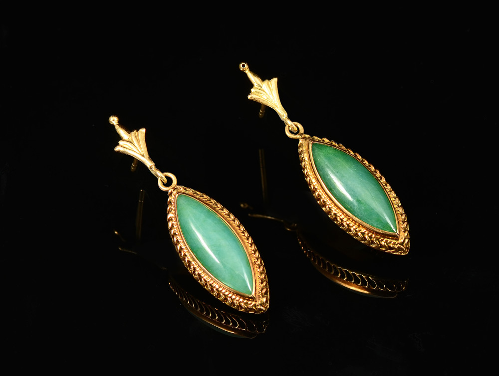 Appraisal: K JADEITE EARRINGS Art Deco K yellow gold earrings with