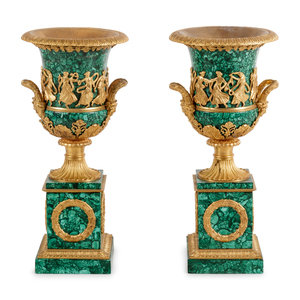 Appraisal: A Pair of Empire Style Gilt Bronze Mounted Malachite Veneered