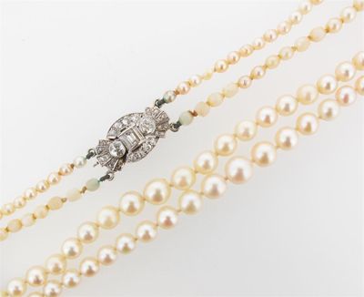 Appraisal: A two row pearl and cultured pearl necklace The shorter