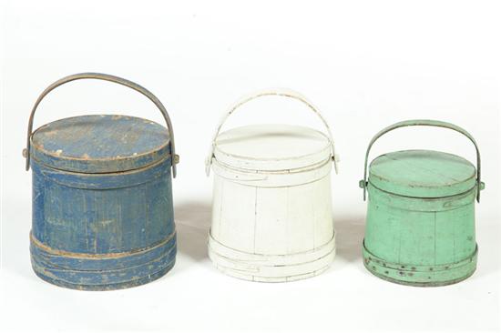 Appraisal: THREE PAINTED SUGAR BUCKETS American th century wood Staved lidded