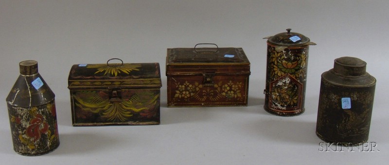 Appraisal: Seven Pieces of Polychrome Decorated Toleware a tea caddy dome-top