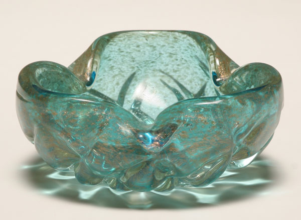 Appraisal: Murano green glass trefoil dish with gold flecks