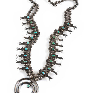 Appraisal: Navajo Petite Silver and Turquoise Box Bow Squash Blossom Necklace